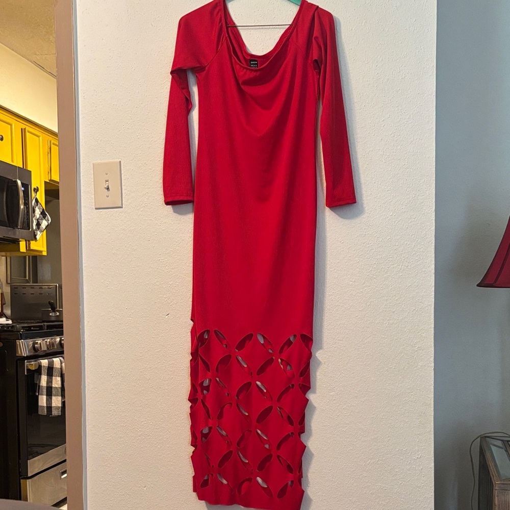 SHEIN Red Long Sleeve Cutout Dress
